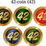 Set of physical golden coin 42-coin (42), digital cryptocurrency. 42-coin (42) icon set. Vector illustration isolated on white background.