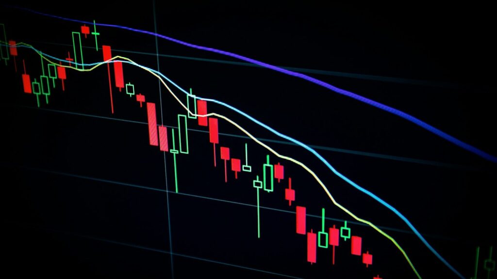 شاشة تداول تعرض شموعًا سعرية ومتوسطات متحركة ملونة باتجاه هبوطي